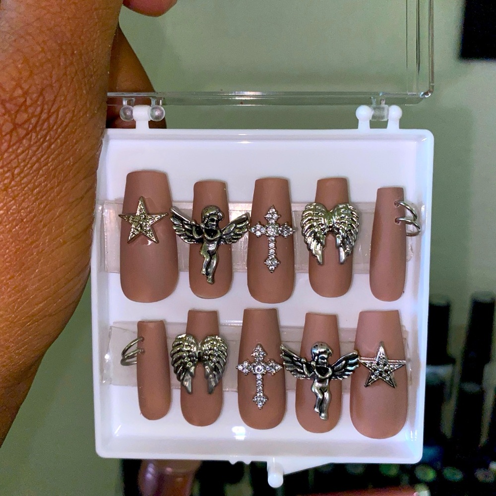 Matte Nails With Angel Charms & Piercings